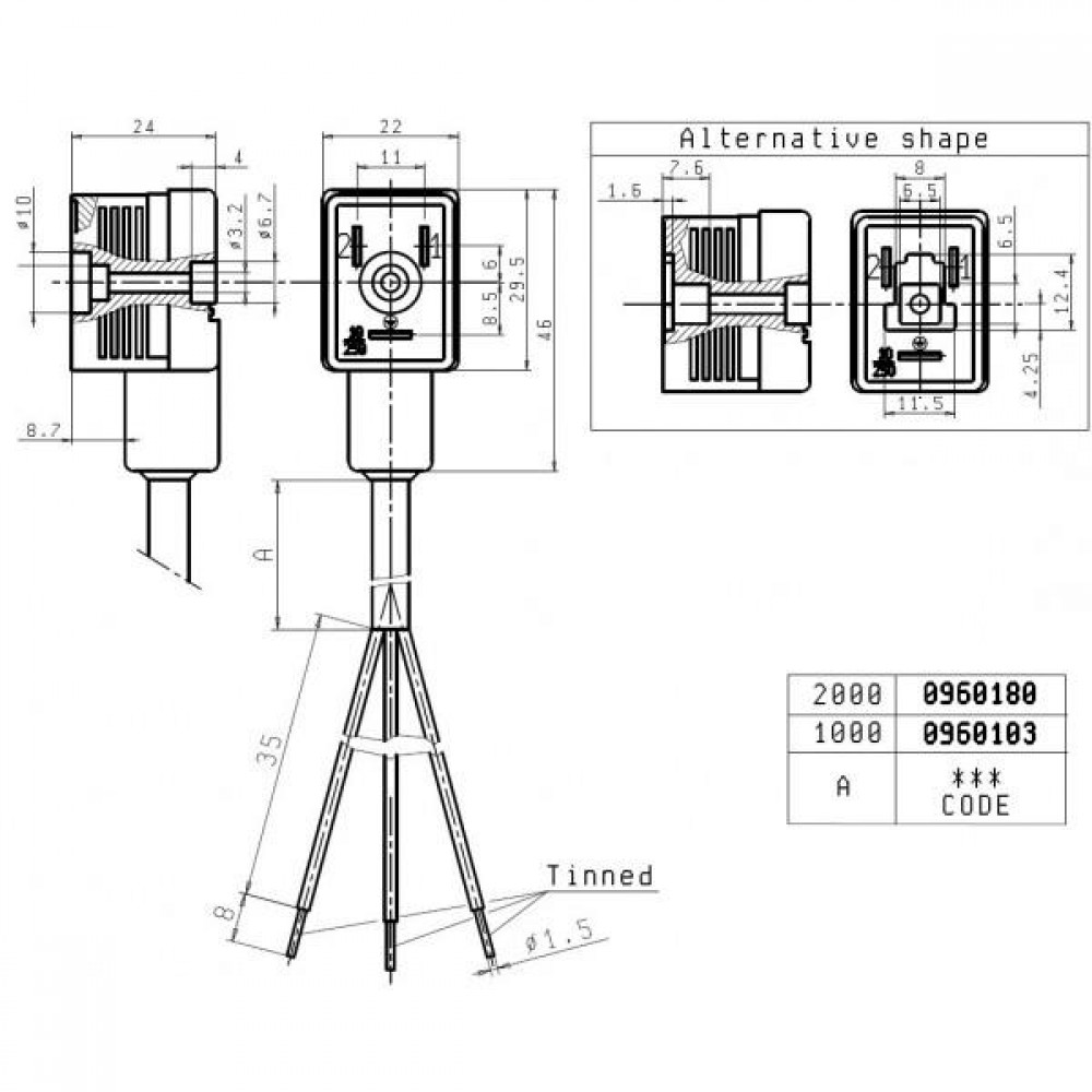 Кабель клапана EV2; 240B; 50Гц; L=1000мм